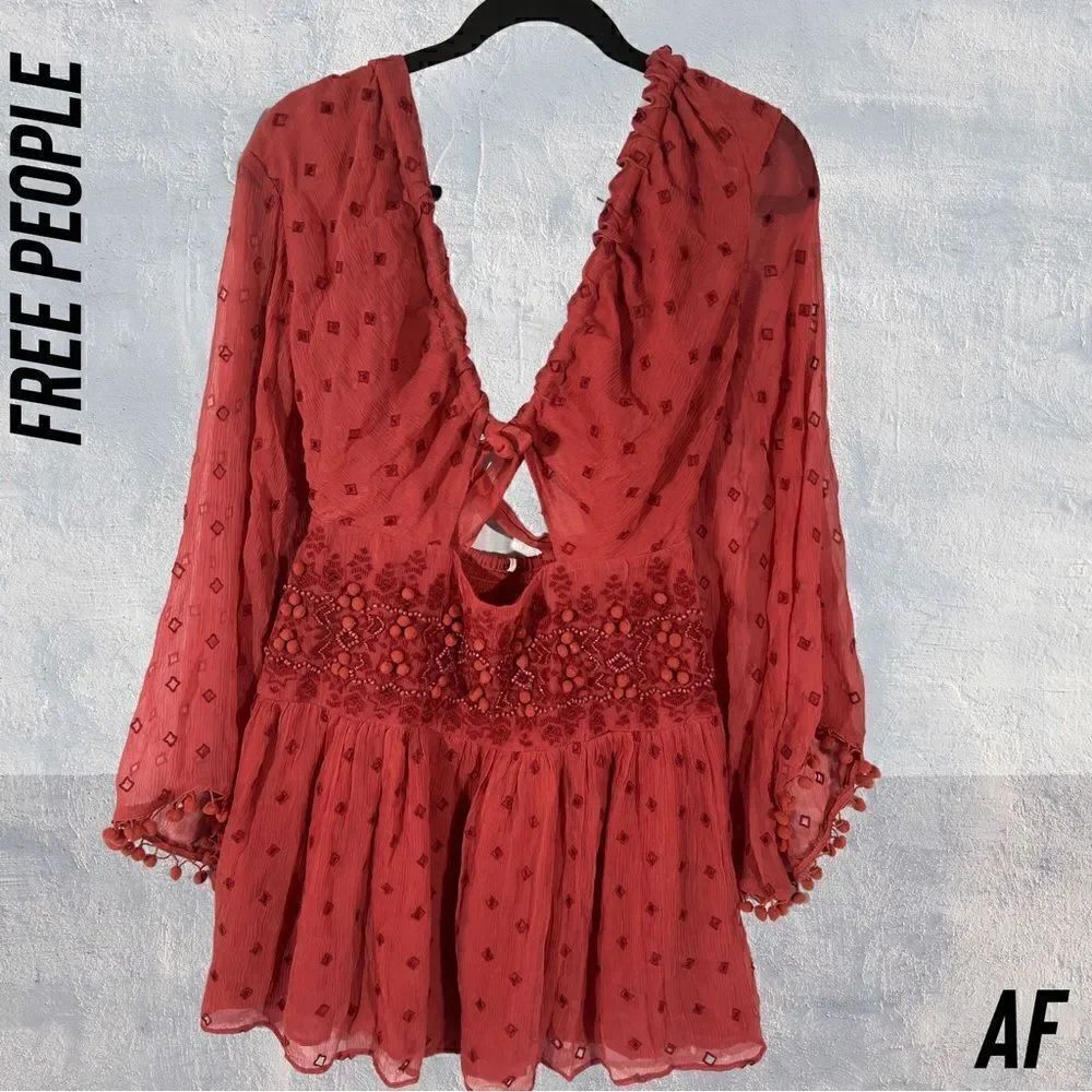 FREE PEOPLE DELLA SOLE MINI DRESS IN RED ROUGE NWT SMALL - Picture 3 of 9